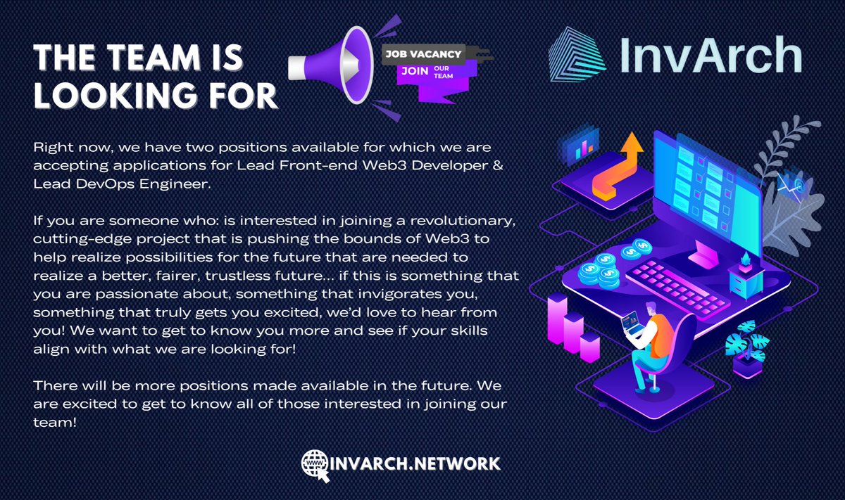 AnzhelikaKrava's tweet photo. π Yes, you heard that right. @InvArchNetwork is hiring!
πLead Front-End Web3 Developer
πLead DevOps Engineer
More info about duties, qualifications, and salary on β¬οΈβ¬οΈ
https://t.co/lb8N3F6Yz2
#InvArch #Polkadot #Web3 #Blockchain #NFTs #DAOs #jobvacancy #InvArchUpdate https://t.co/dpCjihi5ux