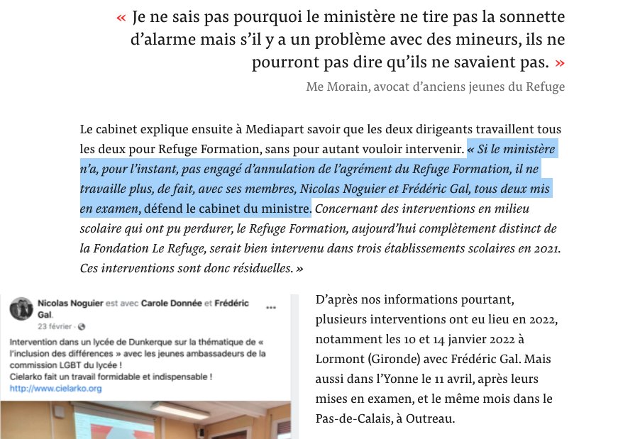 Plusieurs rapports sont accablants sur Nicolas Noguier et Frédéric Gal. L'un est accusé de viol et l'autre de harcèlement sexuel. Mais le ministère de l'Éducation ne veut toujours pas leur retirer l'agrément leur permettant d'intervenir en milieu scolaire. mediapart.fr/journal/france…
