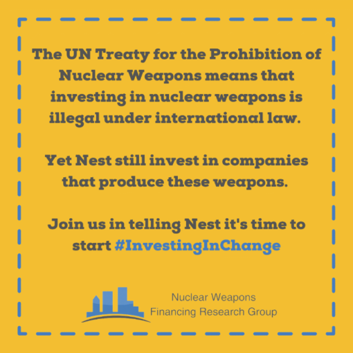 Did you know that @NestPensions invest in companies involved in the production of nuclear weapons? Join me in calling for them to end this immoral investment and start #InvestingInChange