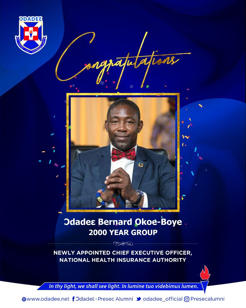 Odadee_Official's tweet photo. Ɔdadeɛ Global congratulates Ɔdadeɛ Honourable Dr Bernard Okoe-Boye (2000) @OkoeBoye on his appointment as the CEO of National Health Insurance Authority

Taking our places in the future of our country

#Odadee4Life
#PRESEC https://t.co/z7aVUsf2vj
