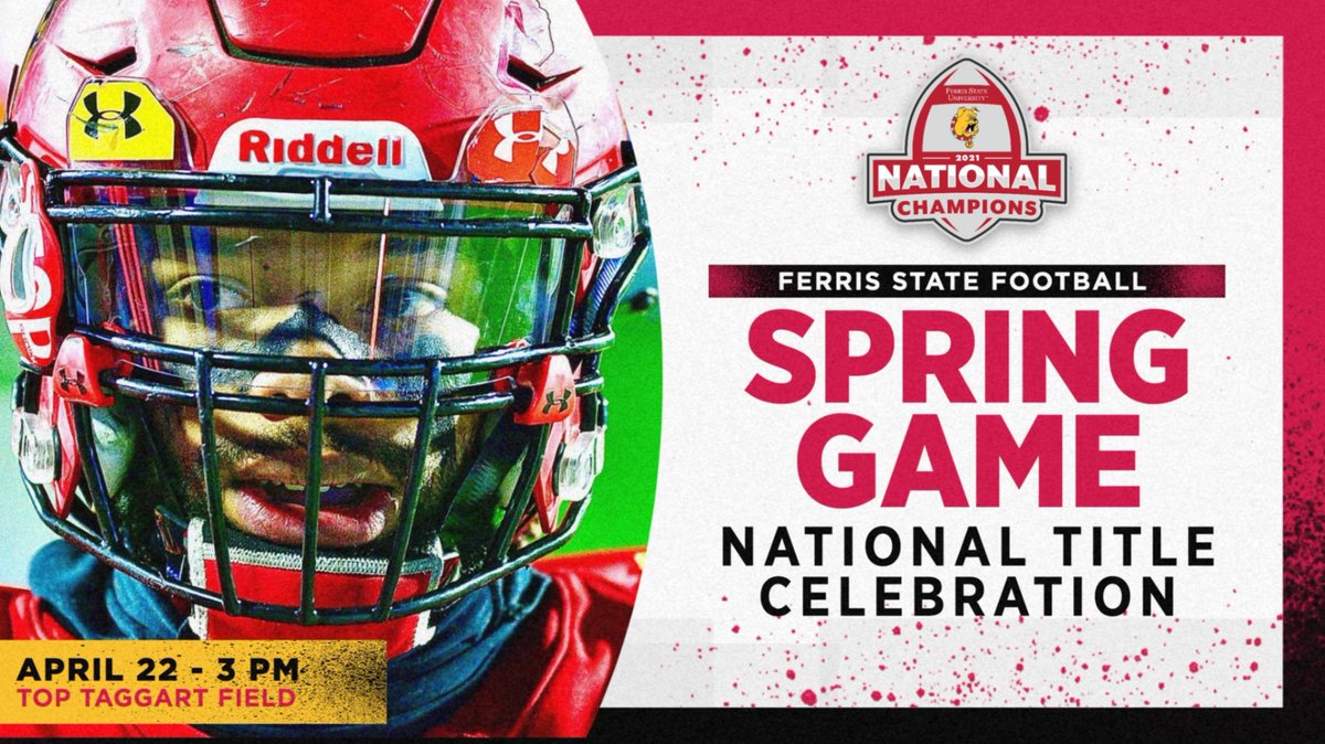 FerrisFootball's tweet photo. GAMEDAY! It's the annual Crimson &amp; Gold Spring Game today at Top Taggart Field! Kickoff set for 3 pm. Special events &amp; presentations as part of a national championship celebration. Get your photo with the trophy! Free admission! https://t.co/zam0NyhV6t