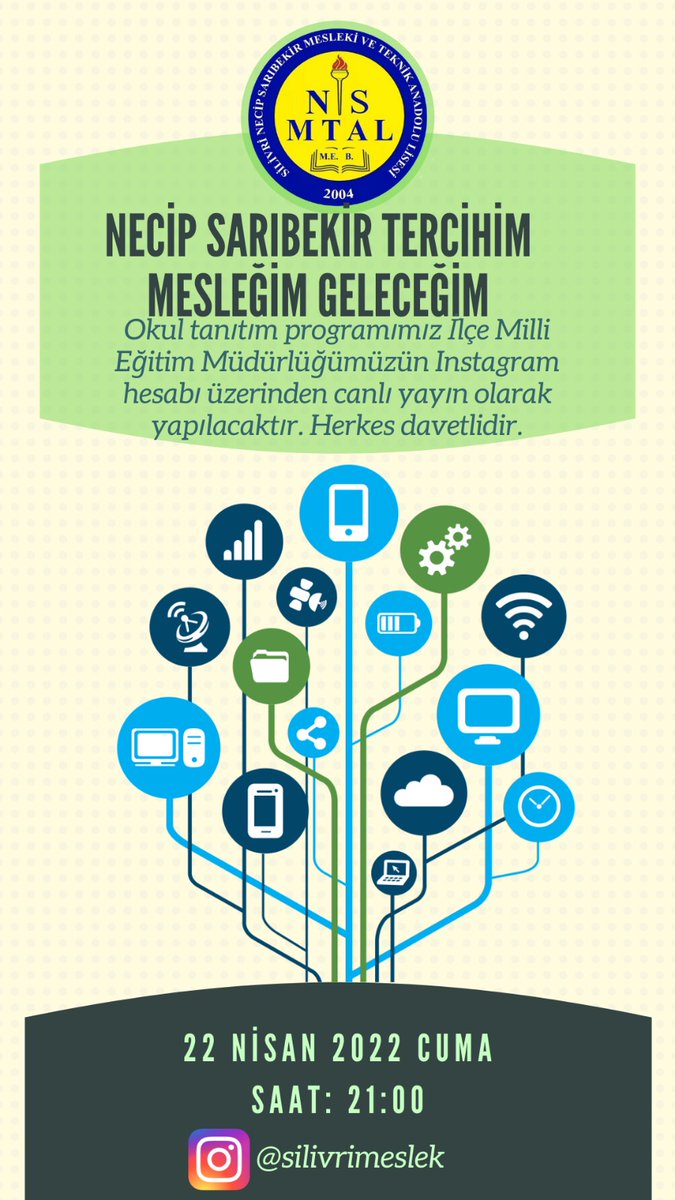 📣 Silivri Meslek Liseleri Tanıtım Günleri bu akşam Necip Sarıbekir MTAL ile devam ediyor.
8. Sınıf öğrencilerimizi ve velilerimizi bekliyoruz.
⏰ 21.00
🎥 Instagram“<a href="/silivrimeslek/">Silivri Meslek Liseleri</a>”
Tüm öğrencilerimizi ve velilerimizi bekliyoruz.
<a href="/tcmeb/">Millî Eğitim Bakanlığı</a> <a href="/istanbulilmem/">İstanbul İl Millî Eğitim Müdürlüğü</a> <a href="/memleventyazici/">Levent Yazıcı</a> <a href="/ArtarZeki/">Zekeriya Artar</a>
