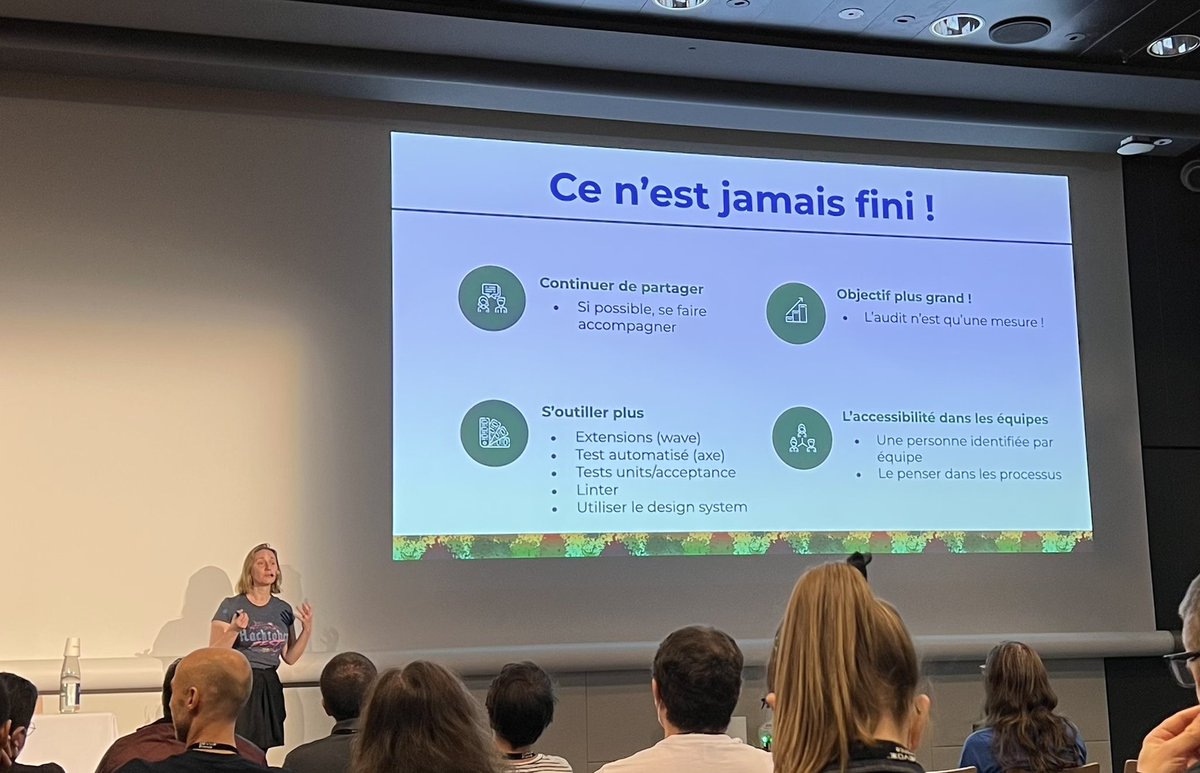 Quickie bien sympa sur la mise en place de l’accessibilité sur un site déjà en ligne par <a href="/MelanieBWeb/">MelanieB</a> 👍

🏁 Relancer #a11y 
💪 Trouver un leader
💬 En discuter #exchanges
🎯 Se fixer des objectifs
🧰 S’outiller - <a href="/webaim/">WebAIM</a> #Wave et co. 
📍 <a href="/DevoxxFR/">DevoxxFR</a>