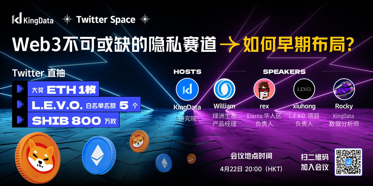 Twitter直抽价值 5000 USDT！大奖：1枚ETH】🥳🥳

WEB3不可或缺的 #隐私赛道，如何早期布局？4月22日20:00（HKT）
嘉宾：
<a href="/OasisNetwork_CN/">Oasis中文频道</a>
 
<a href="/LEVO_CLUB/">L.E.V.O.</a>
  
@Rockywang1993
 
<a href="/EternaDAO/">EternaDAO</a>

#空投 1：转发本条Twitter@ 3名好友（@ 更多=更多票），关注KingData及嘉宾，抽取21名幸运星随机赠送.