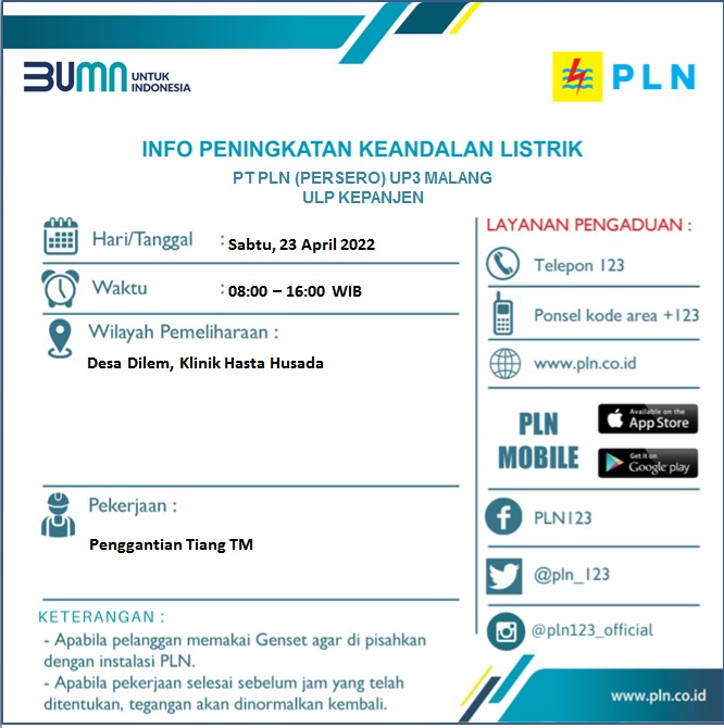 Info peningkatan keandalan listrik Sabtu 23 April 2022 ulp kepanjen <a href="/infomalang/">Info Malang</a> <a href="/RRIMalang/">RRI Malang I Kanal Informasi dan Inspirasi</a> <a href="/Senaputra_FM/">Senaputraᅠᅠᅠᅠᅠᅠᅠᅠᅠ</a> <a href="/kepanjen_kita/">#WalikotaKepanjen</a> <a href="/cityguide911fm/">City Guide 911 FM</a> <a href="/kabmalanginfo/">KAB MALANG INFO</a> #Malang