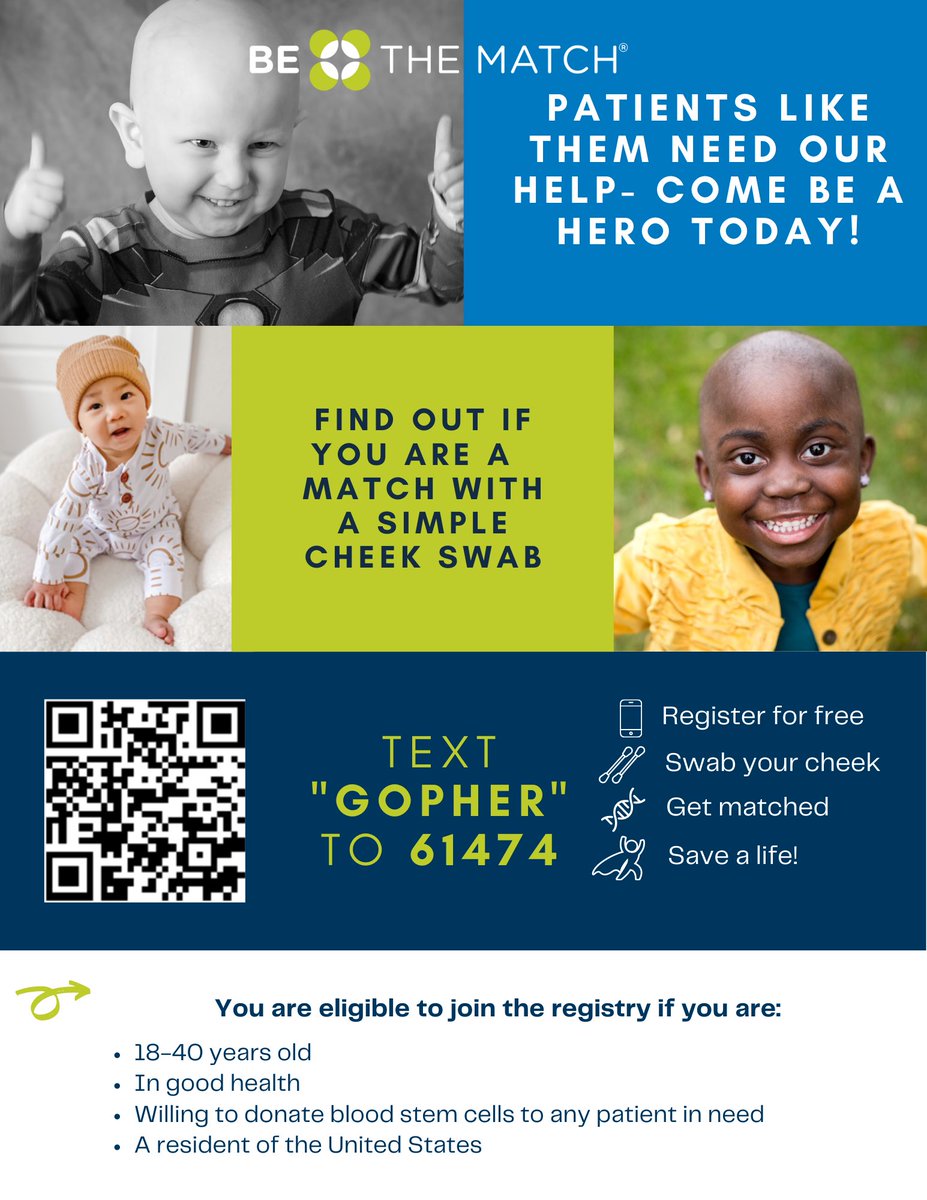One week from today!

SCAN THE CODE AND REGISTER. 

Take a shot at HELPING TO SAVE A LIFE. (You miss all the shots you don’t take.)

You won’t get a prize if you retweet this but you may help find a sick child a bone marrow match. 

4/29/22
Coffman Union &amp;
Land o Lakes Center