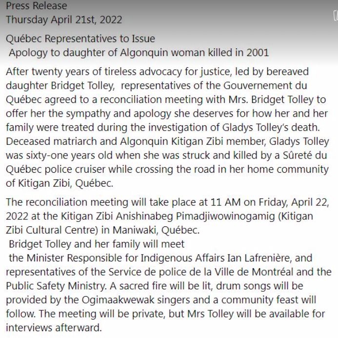 Famsisterspirit's tweet photo. PLEASE SHARE ❤
Press Release
Thursday April 21st, 2022

Québec Representatives to Issue
Apology to daughter of Algonquin woman killed in 2001. https://t.co/OOzS5kZFQ8