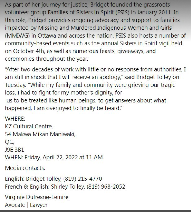 Famsisterspirit's tweet photo. PLEASE SHARE ❤
Press Release
Thursday April 21st, 2022

Québec Representatives to Issue
Apology to daughter of Algonquin woman killed in 2001. https://t.co/OOzS5kZFQ8