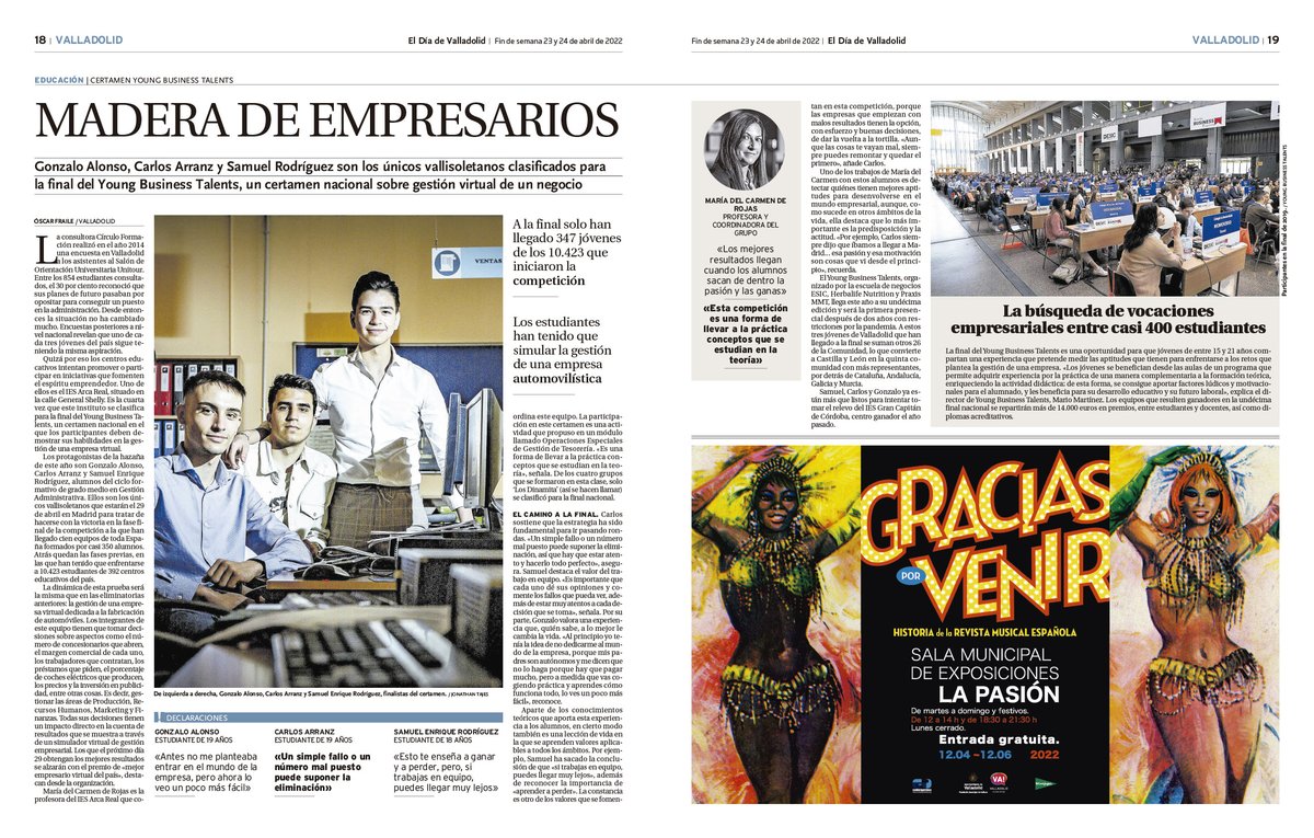 Tres vallisoletanos del <a href="/IesArca/">I.E.S. ARCA REAL</a>, Gonzalo Alonso, Carlos Arranz y Samuel Rodríguez, estarán el 29 de abril en la final del Young Business Talents, <a href="/YBT_ES/">YoungBusinessTalents</a>, un certamen nacional sobre gestión virtual de un negocio