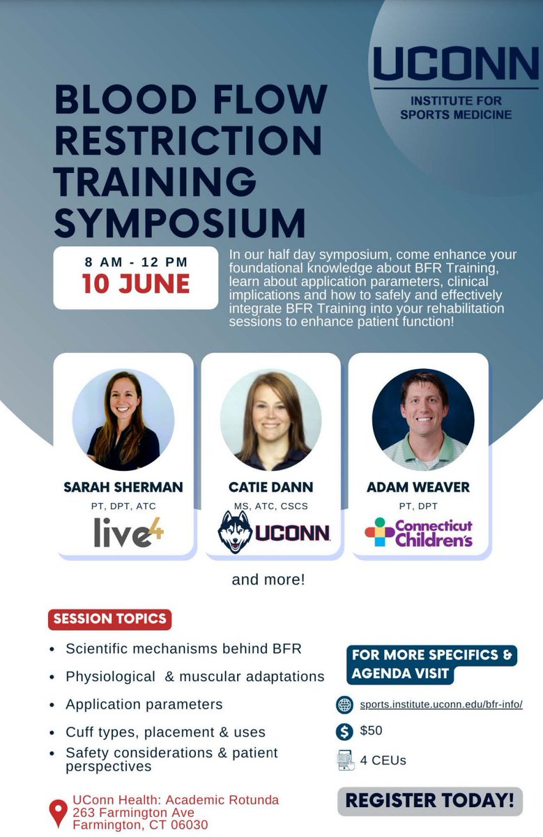 Dave Sherman, PhD, PT, ATC (@daveshermanpt) on Twitter photo Earn 4 CEUs on BFR Training <a href="/UConn_ISM/">UConn Institute for Sports Medicine</a>🗓️June 10th!
Learn from the best clinician-scientist I know ➡️<a href="/SarahSherman123/">Sarah Sherman</a>
Register: sports.institute.uconn.edu/bfr-info/ Earn 4 CEUs on BFR Training <a href="/UConn_ISM/">UConn Institute for Sports Medicine</a>🗓️June 10th!
Learn from the best clinician-scientist I know ➡️<a href="/SarahSherman123/">Sarah Sherman</a>
Register: sports.institute.uconn.edu/bfr-info/