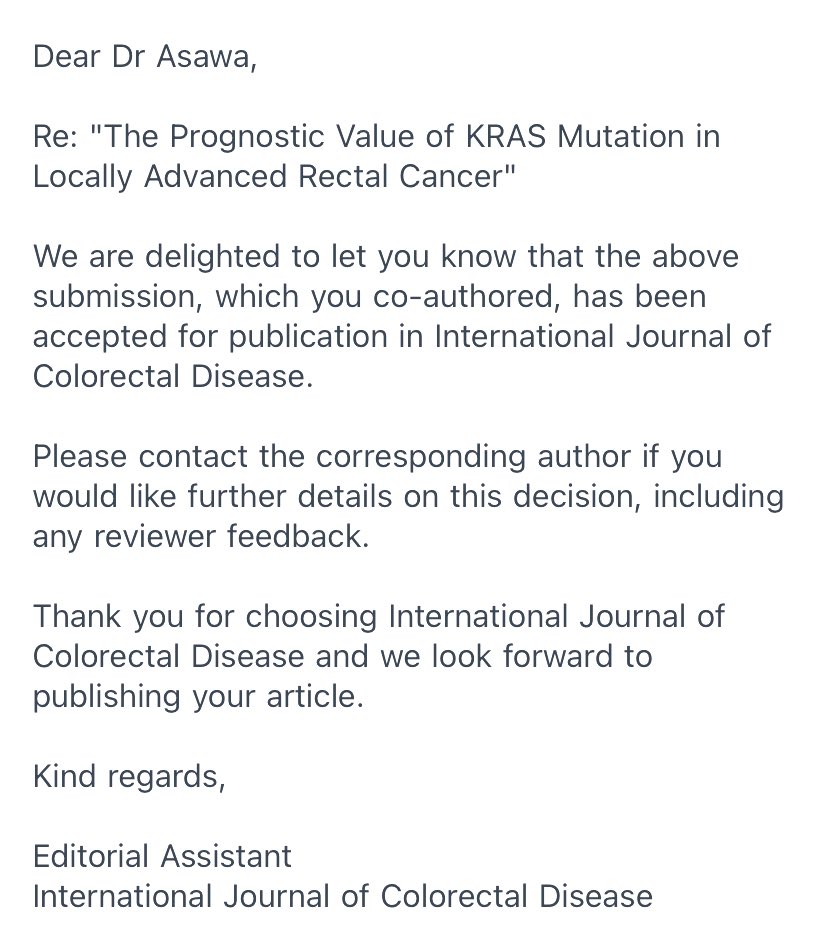 Excited to share that our work on determining the prognostic value of KRAS mutation in locally advanced rectal cancers has been accepted for publication.

Super thankful to the team <a href="/HemeOncBuddy/">Veli Bakalov, MD</a> <a href="/prag9/">Pragnan kancharla</a> <a href="/chahine_zena/">Zena Chahine</a> for your help. 

<a href="/TKapetanos/">Tas Kapetanos MD</a> <a href="/AHNIMres/">AHNIMres</a> #tgif