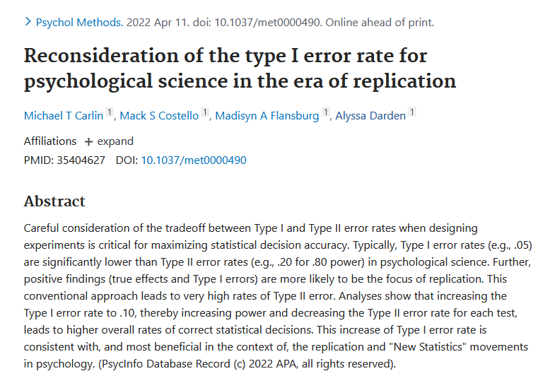 Neuro_Skeptic's tweet photo. Is it time to increase the alpha in psychology to 0.10? Switch to p<0.1 to increase power and increase "overall rates of correct statistical decisions." https://t.co/CRyY75o1iX hmmm. @lakens https://t.co/EPjjd29xBk
