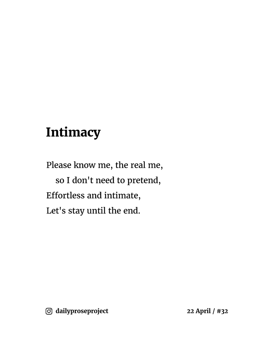 daily_prose's tweet photo. A new poem every day.

📔 22 April / #32 - "Intimacy"⁠

#escapril #escapril2022 #poemoftheday #dailypoetry #dailyprose #poemaday #dailyproseproject https://t.co/I2TJTYQT8Z
