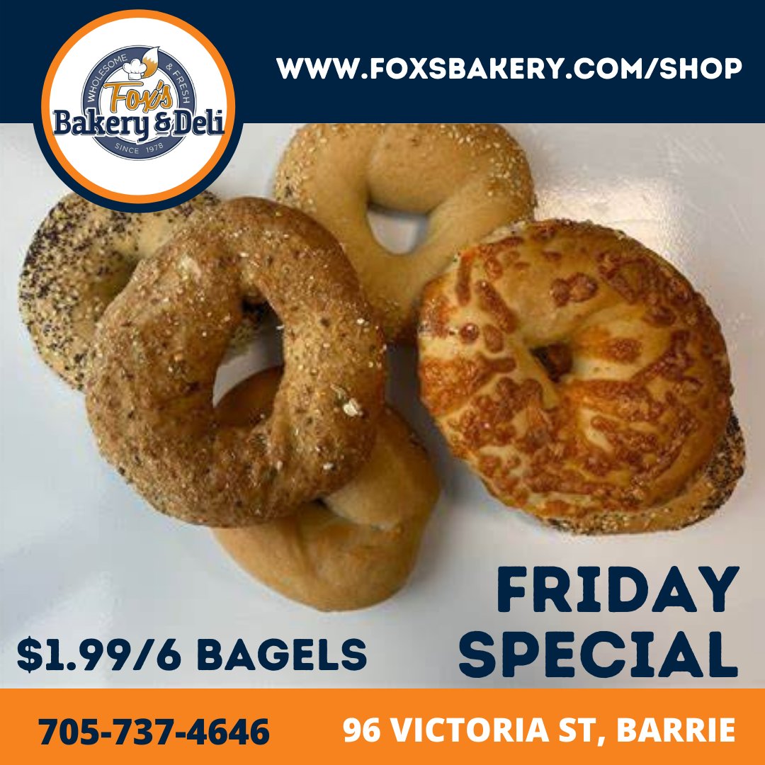 FoxsBakeryDeli's tweet photo. It's Bagel Day at the bakery today, and we have 10 varieties to choose from!
Purchase a 6-pack of bagels for only $1.99

Shop in our bakery 96 Victoria Street or shop online: https://t.co/y5TETEUJk2 

#bagelfriday #freshbakeddaily #foxsbakerydeli #shoplocal #dailyspecial https://t.co/Zcs4sc0fhK