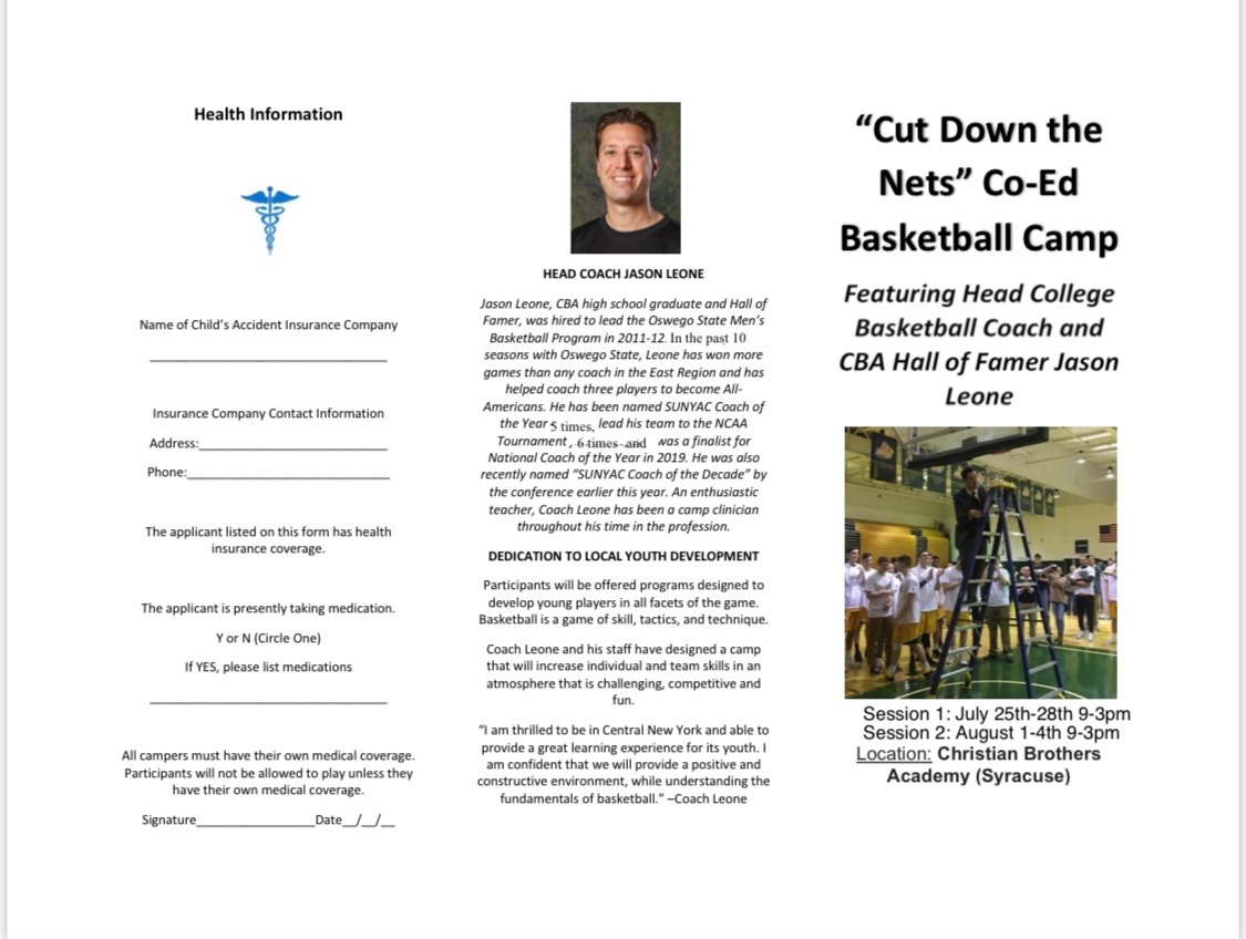 Jason Leone’s “Cut Down The Nets” Basketball Camp will have two sessions this summer at CBA Syracuse! July 25-28 and Aug 1-4 9-3pm. Multiple discounts available. Boys and Girls 6 and up are welcome! See attached registration form. DM me w/questions https://t.co/o9pnmCIDsD
