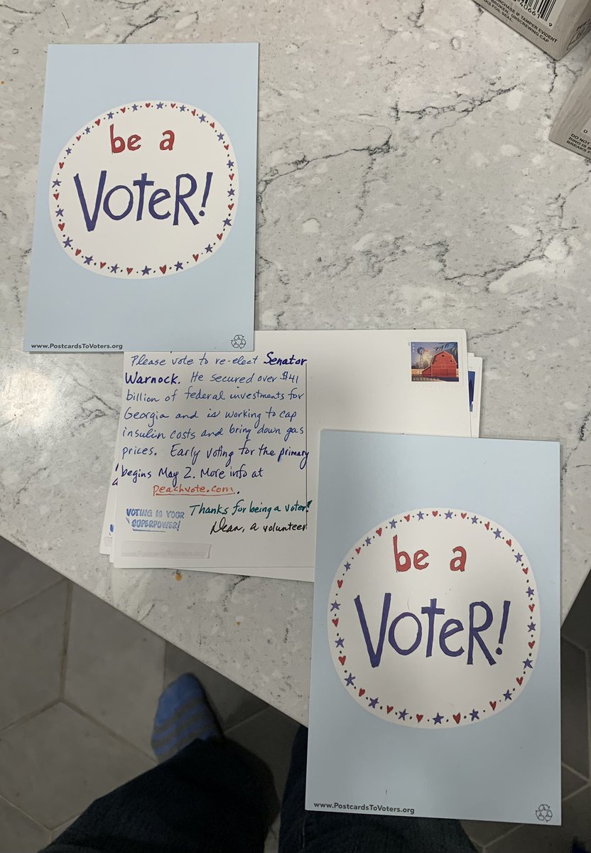 drinmd64's tweet photo. Today’s 10 are off to Georgia to help re-elect Senator Warnock! Yesterday’s 10 went to Monroe County FL to help voters there enroll in VBM. #ActivateVote, #Warnock, #PostcardsToVoters, #MailTheVoteFL https://t.co/ICigxQBLzF