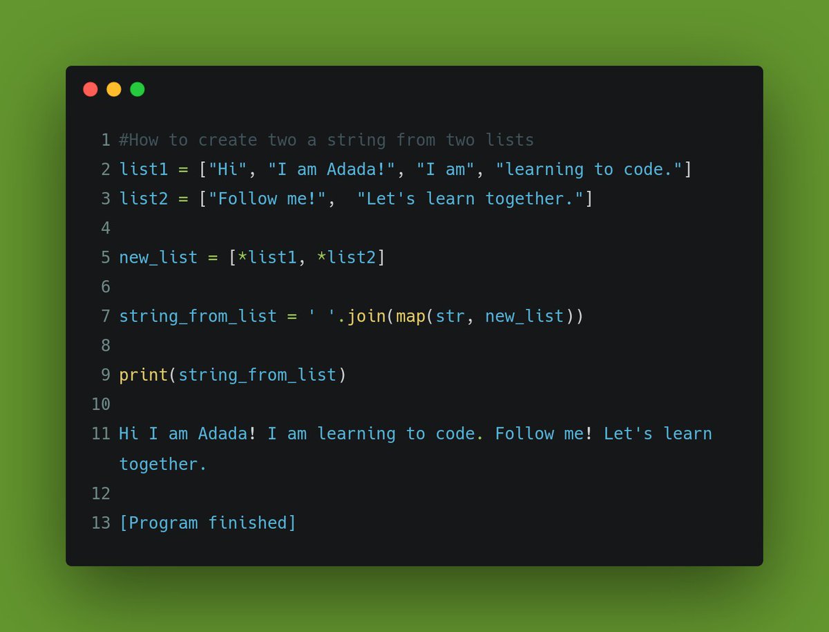 pythoncodestar's tweet image. Here, I tried to generate a single string from two lists. Is there a better way of doing this?
#Python #100DaysOfCode #pythonprogramming #coding