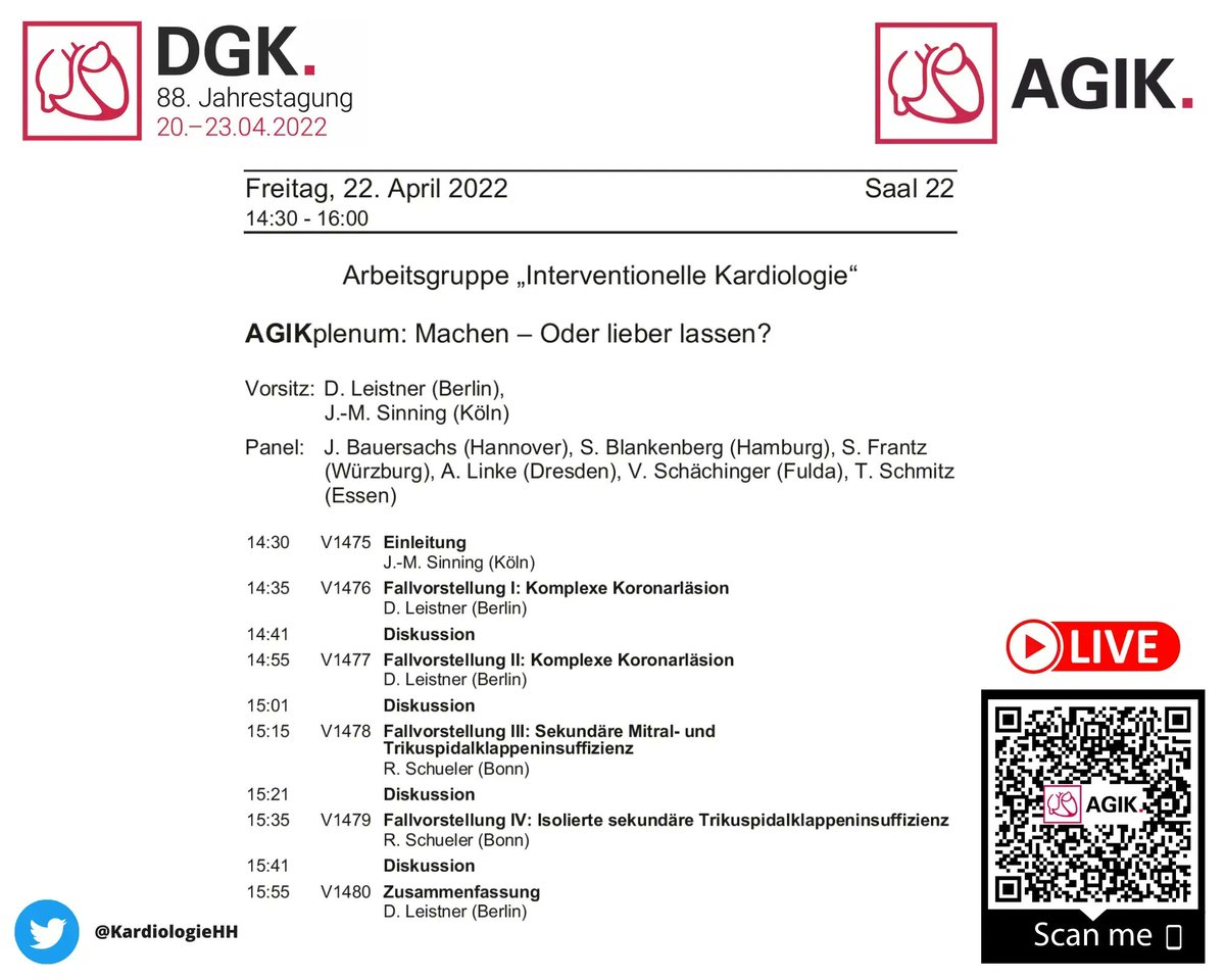 KardiologieHH's tweet photo. 🚨In 30 Minuten geht es los:
❤️#AGIKplenum-Session❤️
➡️Machen – Oder lieber lassen?
🗓14:30 - 16:00
🔗https://t.co/KiQzqMMgDq
#DGKJahrestagung @m_leistner https://t.co/rSq05ldhGy