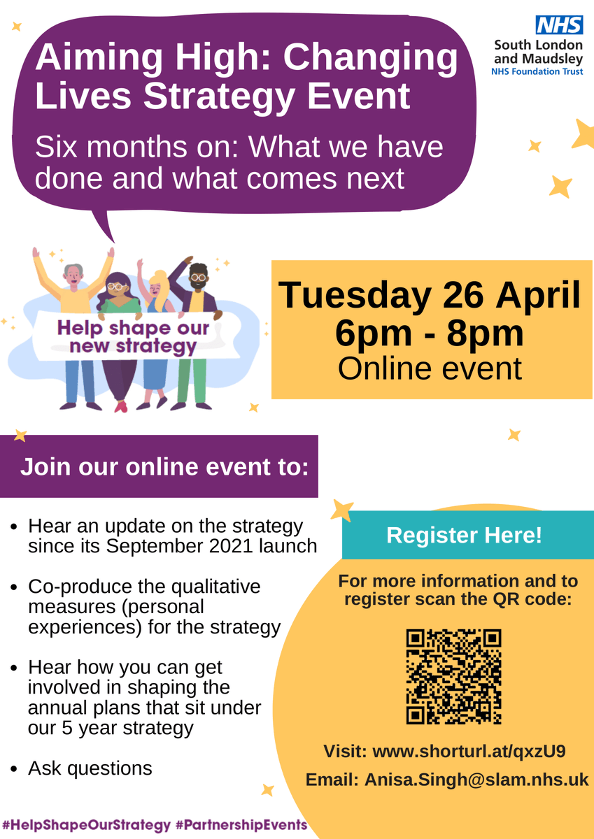 MaudsleyNHS's tweet photo. How we are making progress to achieve our five Strategic Ambitions? 

Join us for our first six-monthly public event to hear progress on our Trust's strategy. 
Register here to join: https://t.co/lUbcsvUfqx
@normanlamb @MaudsleyDoN #HelpShapeOurStrategy https://t.co/nN3LuFGkDk