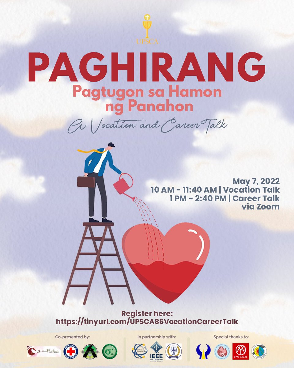 upscadiliman's tweet photo. Join us in our Vocation and Career Talk entitled, Paghirang: Pagtugon sa Hamon ng Panahon on May 7, 10am - 11-40am, 1pm - 2:40pm via Zoom. Save the date! 

Register now!
https://t.co/Gh5tN5ql9L

#VocationandCareerTalk
#MagtiponUPSCA86th https://t.co/ky4XJOeJW8
