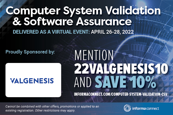 ValgenesisInc's tweet image. ValGenesis is proud to sponsor this year’s “Computer System Validation &amp;amp; Software Assurance” virtual event. Register now for a chance to hear from industry experts next week. informaconnect.com/computer-syste… Use the Discount code “22VALGENESIS10” and Save 10%. #PaperlessValidation #CSV