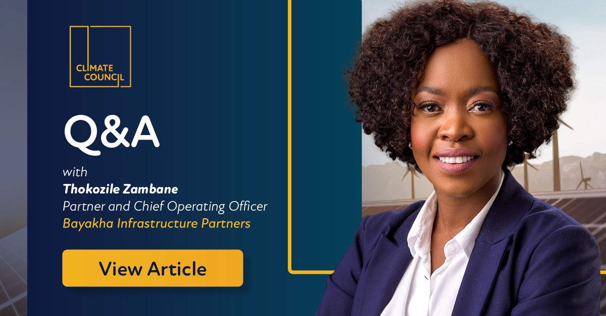 ClimateCouncil_'s tweet photo. As part of our Women in Sustainable Investing series we spoke with Thokozile Zambane, Partner and Chief Operating Officer of BAYAKHA Infrastructure Partners. Read it here 👉https://t.co/vbw1bTpRWN #womeninenergy #sustainableinvesting #renewableenergy #infrastructureinvestment https://t.co/QNLw58F4e6
