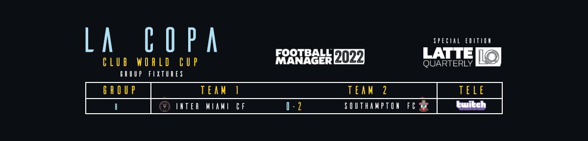 LaCopaLQ's tweet photo. Group B result

Tournament favourites, Southampton FC (managed by @FM_Samo) kick off with a 2-0 with Vs @FM_Grasshopper's Inter Miami.

Five points head to the English south coast 🏆 https://t.co/I7e7493Fkk