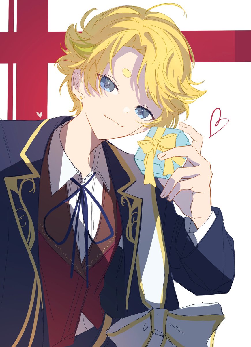 blonde hair gift 1boy solo male focus blue eyes holding gift  illustration images