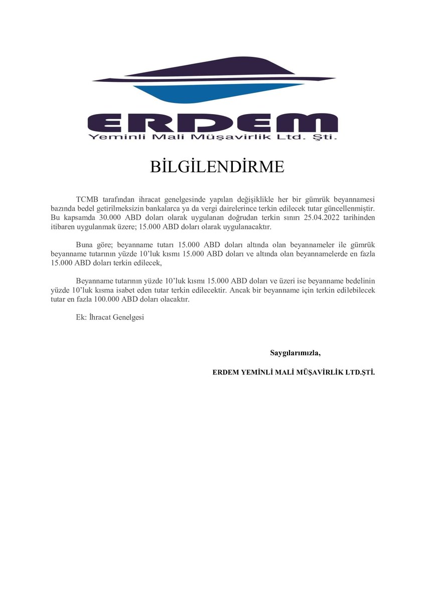 İhracat Genelgesinde Yapılan Değişiklikler hakkında hazırladığımız bilgilendirmeye aşağıdaki linkten ulaşabilirsiniz.
erdemymm.com/SirkuDetay.asp…