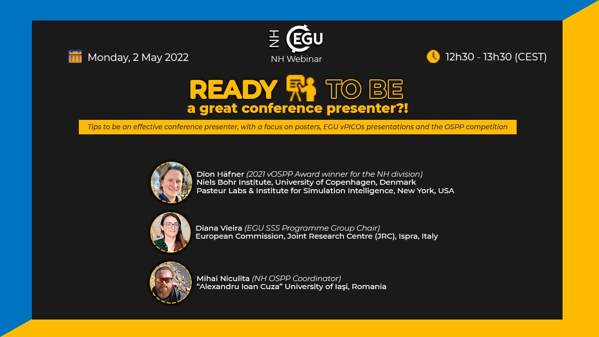 NH_EGU's tweet photo. #EGU22 takes place in only a few weeks! 
On 2.05.2022 at 12:30 CEST, attend the #EGUwebinar we organise. The speakers will help you be an effective #conference presenter focusing on #posters, #vPICO presentations and the #OSPP competition. 
Register now: https://t.co/Xv5k37xXnV https://t.co/FpwfDbInBj
