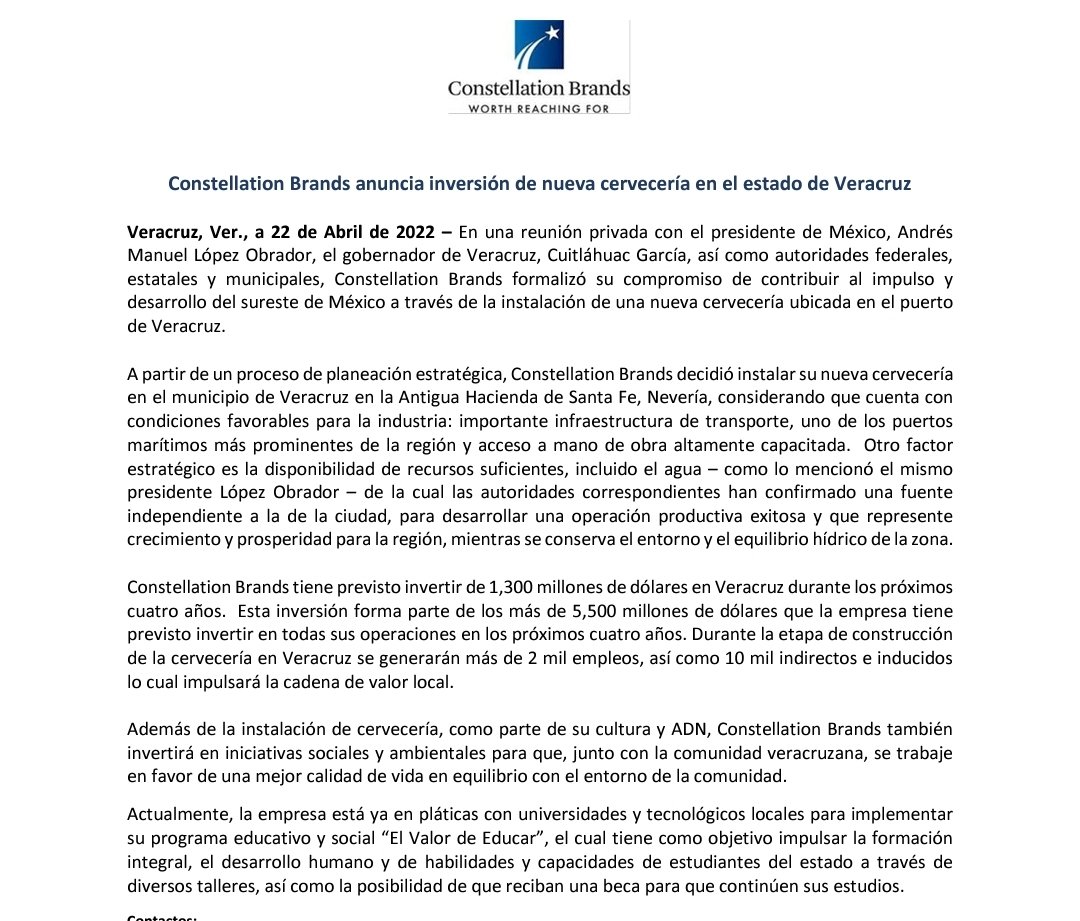 la empresa estadounidense Constellation Brands arrancó ya la construcción de su cervecera en Veracruz