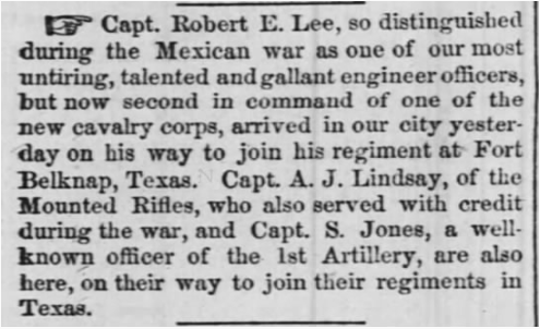 'Capt. Robert E. Lee, so distinguished during the Mexican war as one of our most untiring, talented and gallant engineer officers...'

This same language used 20 years later is said to be 'Lost Cause' myth making.  

#twitterstorians

The Times-Picayune  New Orleans  28 Feb 1856