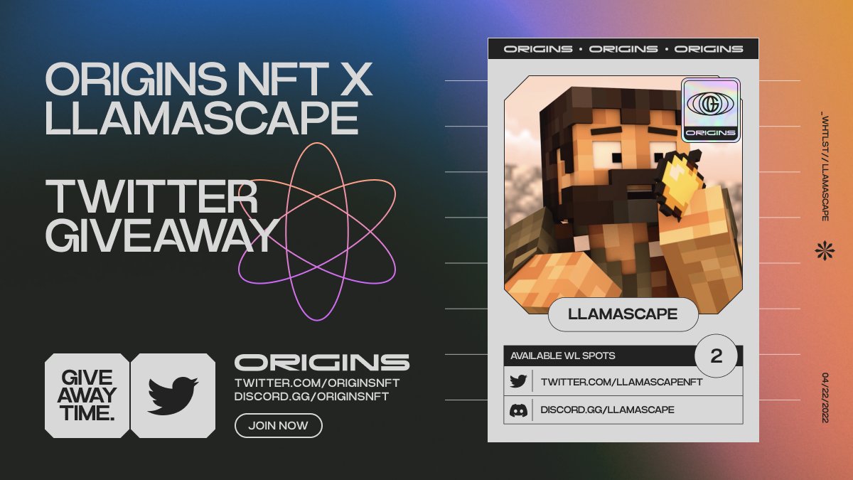 ⛏️ Origins x Llamascape 2 WL Spots giveaway ⛏️

Factions. Build. Earn/Spend. Own Land. Charge Rent.

➡️ Join discord.gg/llamascape
1️⃣ Like/RT/Follow/🔔Notifications on <a href="/OriginsNFT/">Origins</a> &amp; <a href="/LlamascapeNFT/">Rebranded to NuCyber.</a>
2️⃣ Comment your Discord ID + tag 3 friends

🦙 Winners pick in 24-48h.