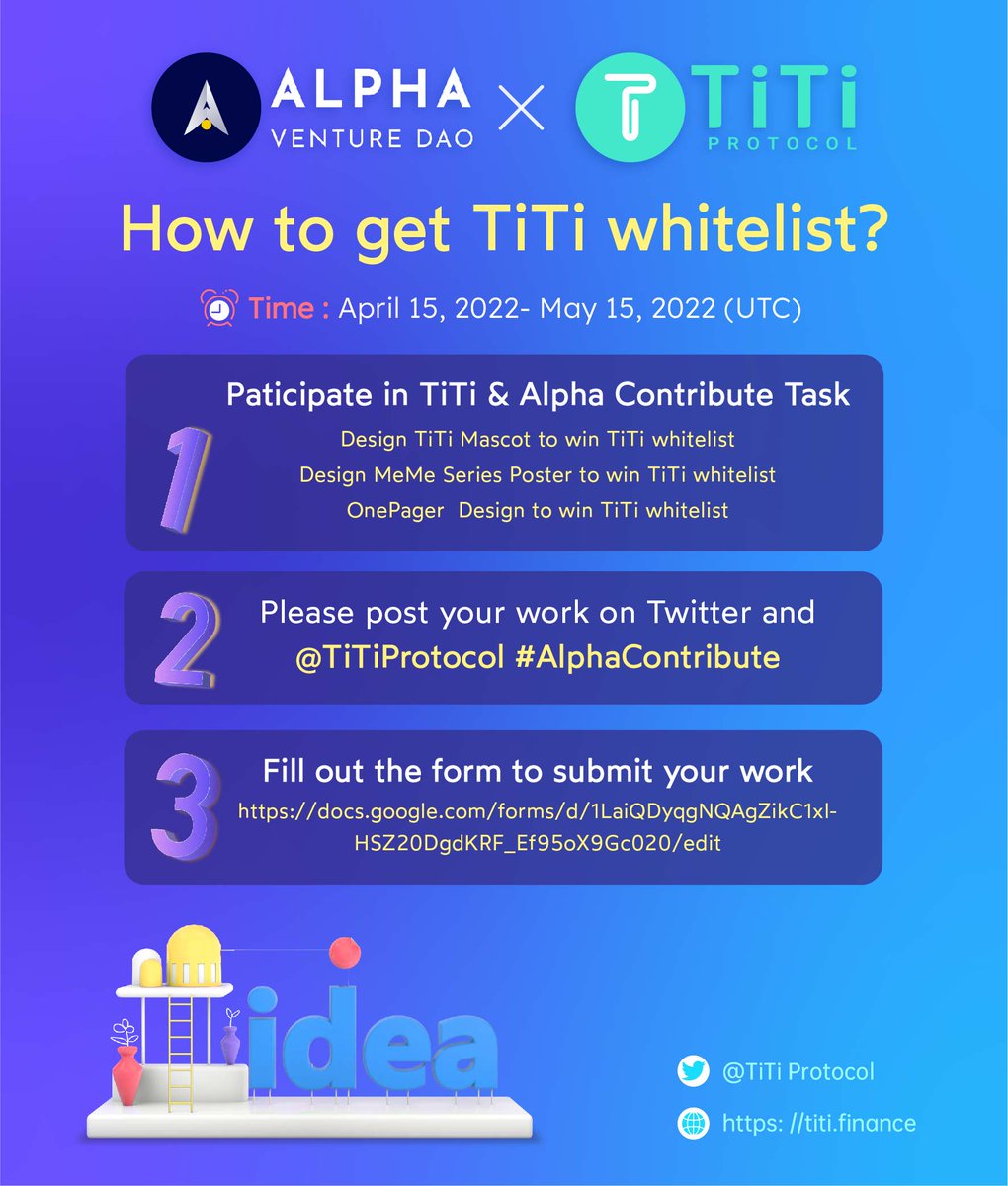 How to get <a href="/TiTiProtocol/">TiTiProtocol | live on Base now</a>  whitelist❓
1⃣Paticipate in TiTi &amp; Alpha Contribute Task
x.com/TiTiProtocol/s…
⏰2022.4.15-2022.5.15
2⃣Please post your work on Twitter and <a href="/TiTiProtocol/">TiTiProtocol | live on Base now</a> #AlphaContribute

3⃣Fill out the form to submit your work 
👉docs.google.com/forms/d/1LaiQD…