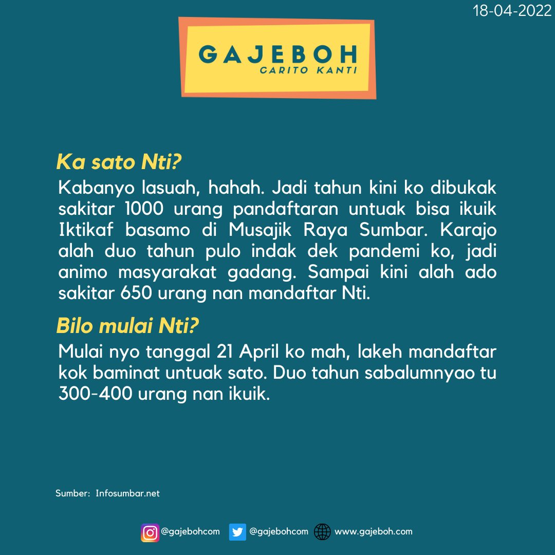 gajebohcom's tweet photo. Manfaaikan bana 10 malam tarakhir bulan Ramadhan ko yo Nti. Lah banyak musajik nan punyo program iktikaf mah. Piliah se nan paliang sasuai atau dakek jo rumah. InsyaAllah berkah yo Nti.

#minangrancak
#minangbana
#beritaminang
#minangmaimbau
#sumbar 
#bahasaminang
#gajebohcom https://t.co/bBZJ5ANcFc