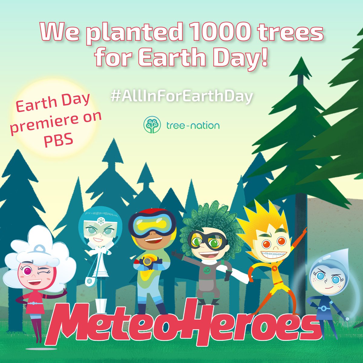 MondoTVStudios's tweet photo. Feliz #DiadelaTierra!🌎
Los #MeteoHeroes llegan a Estados Unidos, en @pbs, y para celebrarlo se han unido a la campaña #AllInForEarthDay de @treenation plantando 1000 árboles en el proyecto Wildfire Recovery en California.🌳
Visita el bosque de los MH: https://t.co/uhZs5rc6ME https://t.co/euC2A7J7JB
