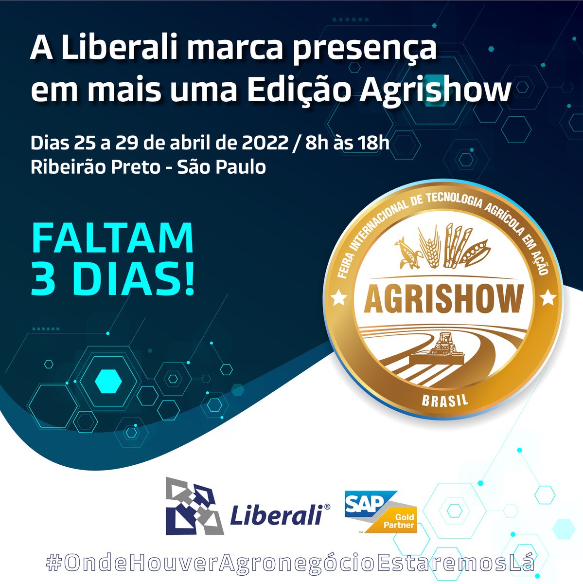 Daqui 3 dias estaremos na Agrishow em Ribeirão Preto-SP, uma das maiores feiras agrícolas do mundo. Aguardamos você lá! <a href="/agrishowoficial/">Agrishow</a> 

#liberali #agronegócio #b1alliance #sap #agribussiness #ribeirãopreto #feiraagricola #feiraagro #agro #liberali #feirasbrasil #agrishow