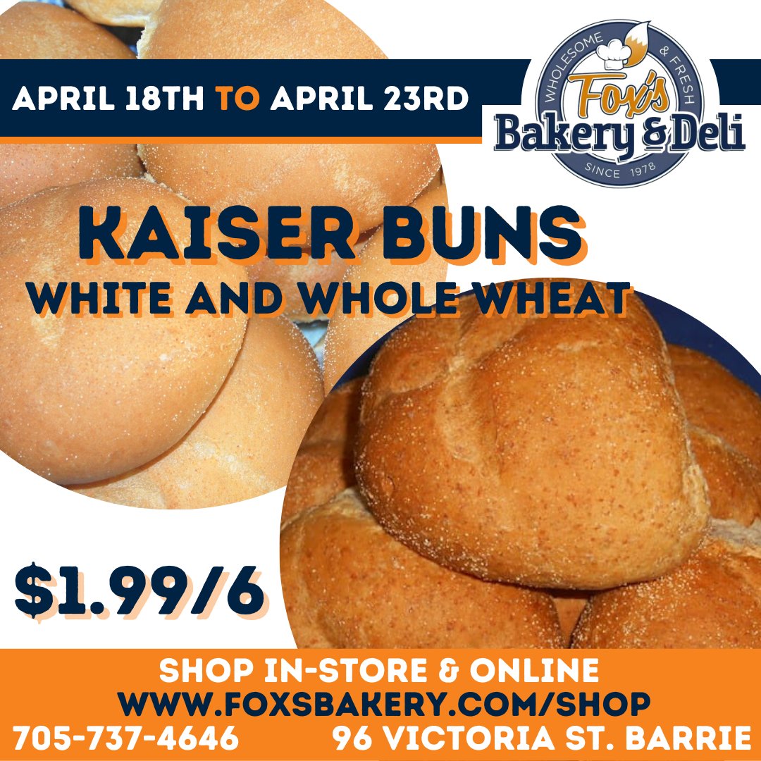 FoxsBakeryDeli's tweet photo. Keeping up with BBQ season, we're featuring our White &amp; Wholewheat Kaiser Buns for $1.99/6 this week!

Perfect with a juicy burger, or stacked with our excellent selection of deli meats, these buns make a great sandwich. 

Order in-store or online:  https://t.co/cr4Lltd5km https://t.co/3NYCOPESBR