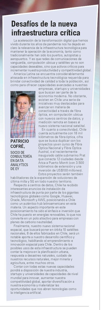 EYChile's tweet photo. "Existen en Chile una serie de iniciativas muy destacadas para avanzar en materia de conectividad a través de fibra óptica". 

Lee la columna completa de nuestro socio de Consultoría en Data Analytics, Patricio Cofré, vía @ElMercurio_cl  🔗 https://t.co/FPq7wKO6aS https://t.co/6fqJ9c8z9r