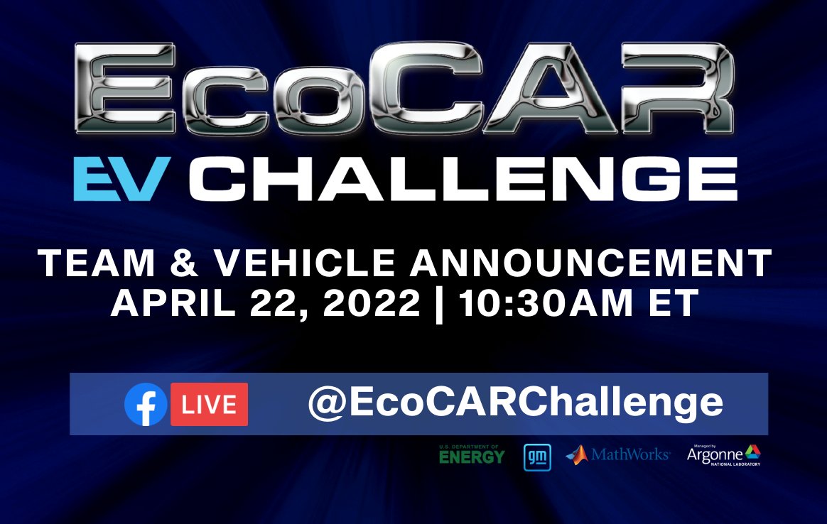 EcoCARChallenge's tweet image. TWO HOURS AWAY: Stay tuned to hear #EcoCAR headline sponsors announce the #EcoCAREVChallenge! You&apos;ll learn the participating universities, competition vehicle and more! 🚗 🔋