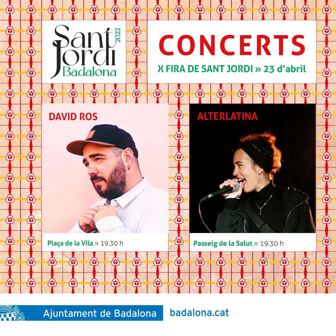ComercBDN's tweet photo. Des de #ComercBDN i per seguir fomentant l'activitat de la Festa de Sant Jordi 🐲🌹📚 s'amenitzarà amb dos concerts 🎼 d'artistes badalonins:
🎤 David Ros a la plaça de la Vila a les 19:30
🎤 Alterlatina al passeig de La Salut a les 19:30
Veniu i gaudiu!😉
#SantJordibdn https://t.co/BcHKiFBlX4