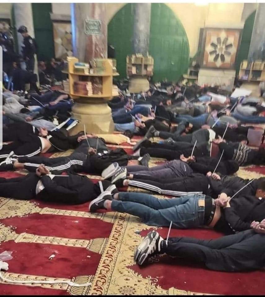 Les mains et les pieds menottés par un collier colson en pleine mosquée par l'armée la plus démocratique du monde... Voilà à quoi ressemblent la vie des palestiniens qui prient pacifiquement lors du mois sacré de Ramadan!