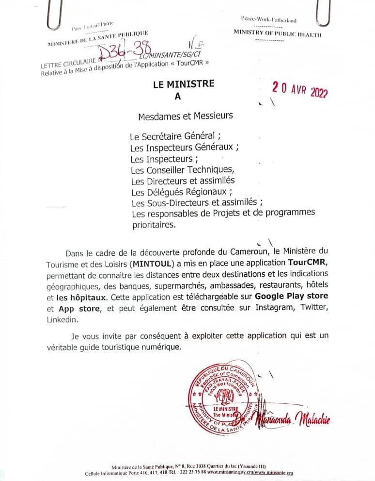 The Minister of Public Health <a href="/MinsanteCMR/">MinsanteCameroun</a>, His Excellency, Dr. MANAOUDA Malachie <a href="/DrManaouda/">Dr Malachie MANAOUDA</a>, just endorsed our app #TourCMR <a href="/TourCmrApp/">TourCMR🇨🇲🇨🇲</a>🎉.

A big Thank you to #MINSANTE for believing in our vision.

Remember #TourCMR App is available for download on both Google and AppStore🤩