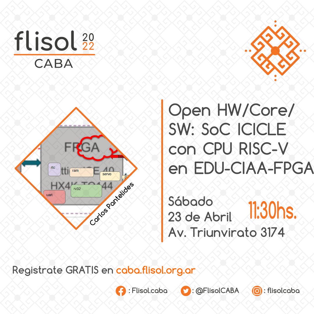 Este sábado será flisol.info en particular en CABA eventol.flisol.org.ar/events/flisol-…

En una charla a las 11:30 intentaré mostrar la evolución de las lucecitas de K.I.T.T. desde un registro de desplazamiento con unos OR hasta un SoC RISC-V en la EDU-CIAA-FPGA en SW y HW