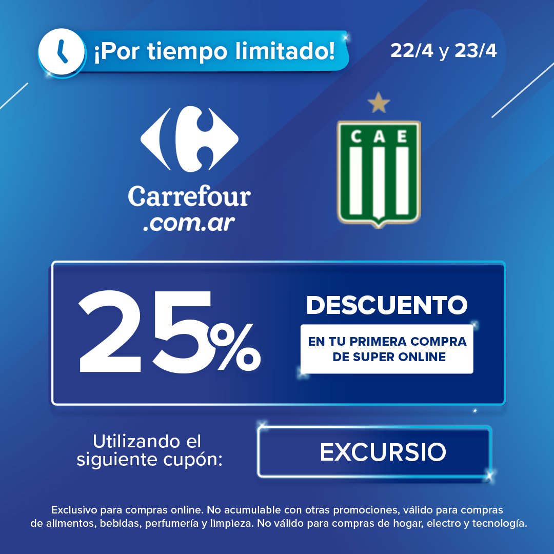 ¡ATENCIÓN! 🇳🇬🎁

¡Descuento exclusivo para los hinchas de Excursio!

Aprovechá un 25% de descuento en tus compras en Carrefour. 🛒💳

¡No te lo pierdas que es por tiempo limitado! ⏱️

👉🏽 bit.ly/excursio-carre…