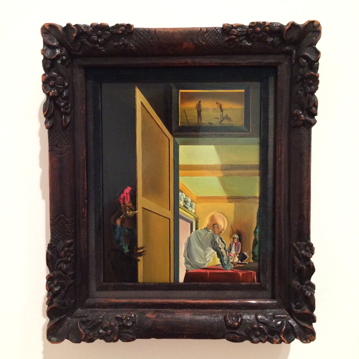 Here #SalvadorDalí presented many unlikely associations. A copy of Jean-François Millet’s famous Angelus, in the background, Dalí’s wife, Gala, smiles at a figure resembling Lenin.

'Gala and the Angelus of Millet Immediately Preceding the Arrival of the Conic Anamorphoses'