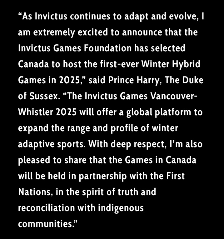 Watch the full video of Prince Harry's speech on the #InvictusGames2025 Vancouver/Whistler announcement here.🇨🇦
youtu.be/qmbMBYLAIrs 

#IG25 <a href="/WeAreInvictus/">Invictus Games Foundation 💛🖤</a>