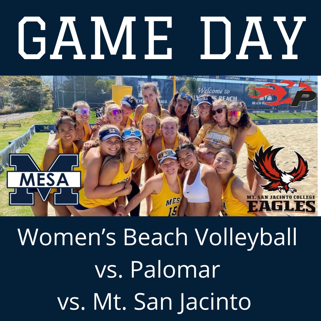 sdmesaathletics's tweet image. Game Day!! 

Come out and support Women’s Beach Volleyball as they take on @PmarAthletics and @msjcathletics 

#WeAreMesa #GoOlympians @DrRyanShumaker @sd_mesavball #pcac @PcacSports