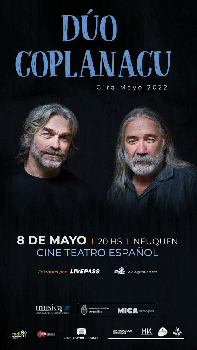 FedorcoProducci's tweet photo. Coplanacu| Neuquén 
- Domingo 8 de Mayo a las 20hs
en El Cine Teatro Español - 
Entradas anticipadas en:
🎟 https://t.co/sOPKXaxjcT 
🎫 Flipper (Av. Argentina 179) https://t.co/nnThLgPd1Q