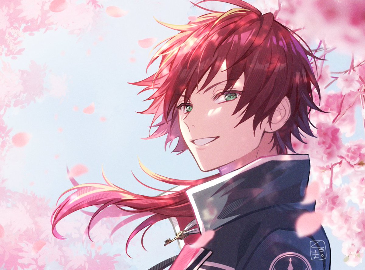 1boy male focus green eyes solo red hair smile looking at viewer  illustration images
